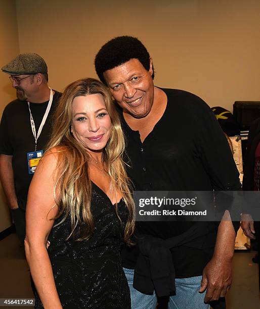 Taylor Dayne and Chubby Checker pose backstage at the Paradise Artists Party during Day 4 of the IEBA 2014 Conference on September 30, 2014 in...