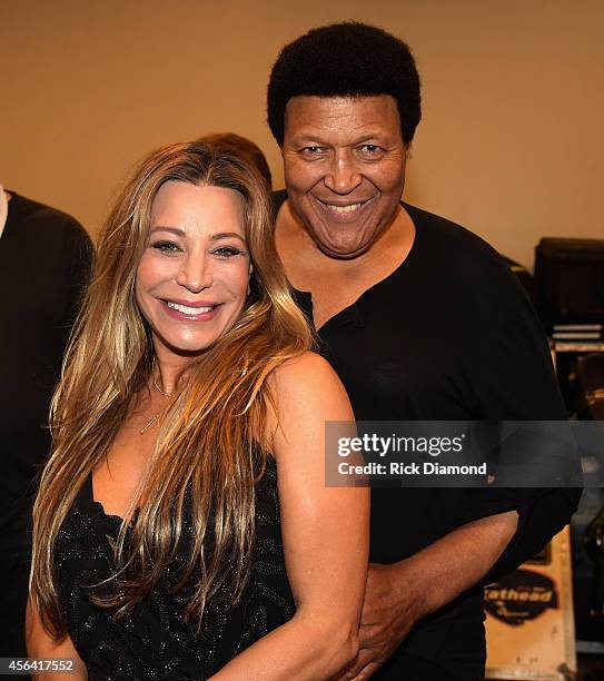 Taylor Dayne and Chubby Checker pose backstage at the Paradise Artists Party during Day 4 of the IEBA 2014 Conference on September 30, 2014 in...