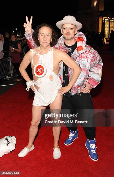 Philip Salon and Boy George attend the World Premiere of "Soul Boys Of The Western World" at Royal Albert Hall on September 30, 2014 in London,...