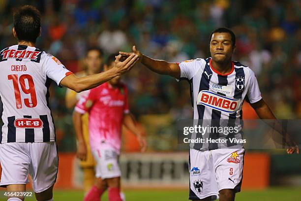 Dorlan Pabon of Monterrey celebrates during a match between Leon and Monterrey as part of 11th round Apertura 2014 Liga MX at Leon Stadium on...