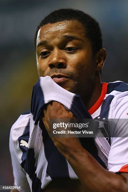 Dorlan Pabon of Monterrey celebrates during a match between Leon and Monterrey as part of 11th round Apertura 2014 Liga MX at Leon Stadium on...