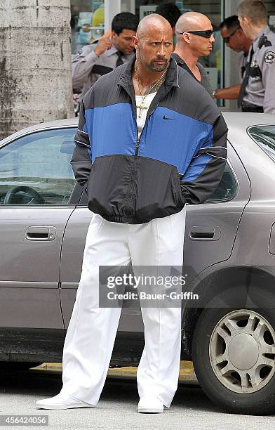 Dwayne 'The Rock' Johnson is seen on movie set of 'Pain and Gain' on April 14, 2012 in Miami, Florida.