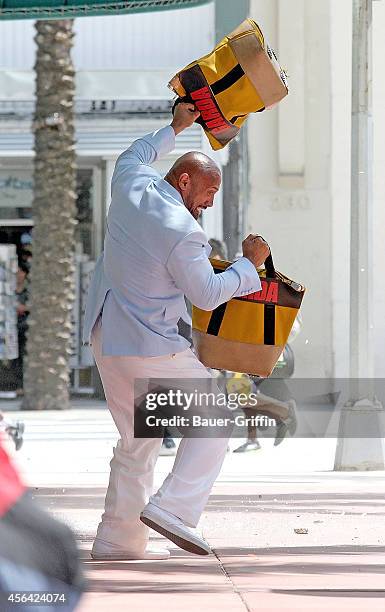 Dwayne 'The Rock' Johnson is seen on movie set of 'Pain and Gain' on April 14, 2012 in Miami, Florida.