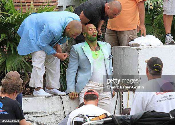 Dwayne 'The Rock' Johnson is seen on movie set of 'Pain and Gain' on April 14, 2012 in Miami, Florida.