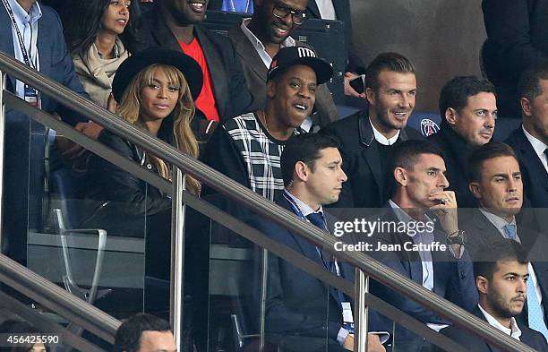 David Beckham, Jay Z and Beyonce attend the UEFA Champions League Group F match between Paris Saint-Germain FC and FC Barcelona at the Parc des...