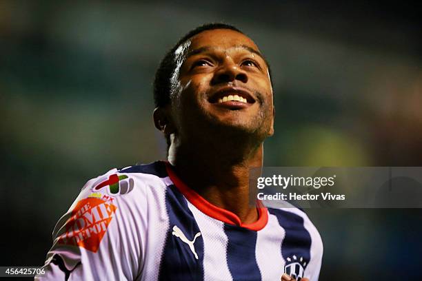 Dorlan Pabon of Monterrey celebrates during a match between Leon and Monterrey as part of 11th round Apertura 2014 Liga MX at Leon Stadium on...