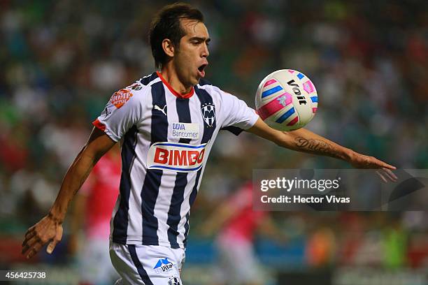 Cesar Delgado of Monterrey celebrates scoring the second goal of his team during a match between Leon and Monterrey as part of 11th round Apertura...