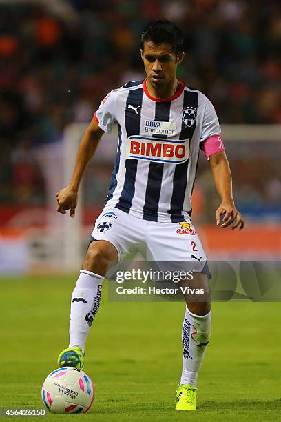 Severo Meza of Monterrey drives the ball during a match between Leon and Monterrey as part of 11th round Apertura 2014 Liga MX at Leon Stadium on...