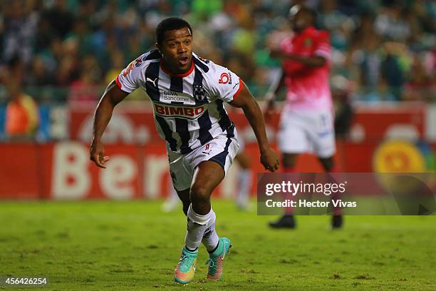 Dorlan Pabon of Monterrey celebrates after scoring the third goal of his team during a match between Leon and Monterrey as part of 11th round...