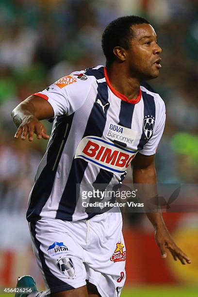 Dorlan Pabon of Monterrey celebrates after scoring the third goal of his team during a match between Leon and Monterrey as part of 11th round...
