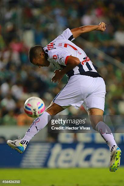 Lucas Silva of Monterrey heads the ball during a match between Leon and Monterrey as part of 11th round Apertura 2014 Liga MX at Leon Stadium on...