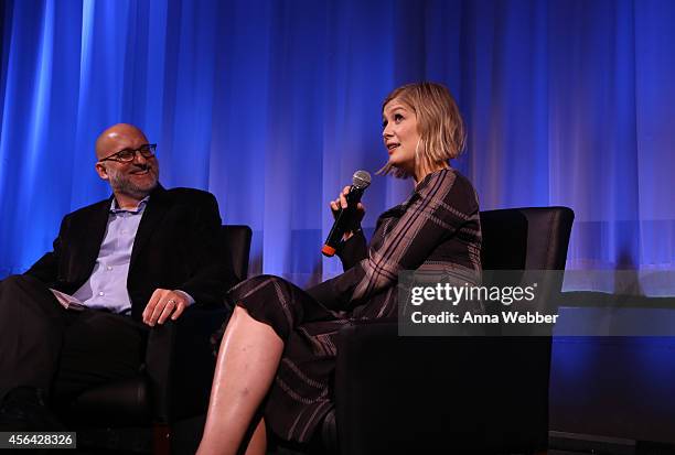 Daily News Entertainment Columnist Joe Neumaier and actress Rosamund Pike attend an official Academy members screening of "Gone Girl" hosted by The...