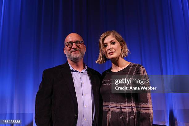 Daily News Entertainment Columnist Joe Neumaier and actress Rosamund Pike attend an official Academy members screening of "Gone Girl" hosted by The...