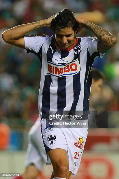 Victor Ramos of Monterrey reacts during a match between Leon and Monterrey as part of 11th round Apertura 2014 Liga MX at Leon Stadium on September...