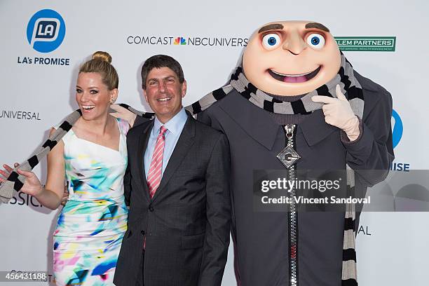 Actress Elizabeth Banks, Universal Filmed Entertainment Chairman Jeff Shell and Gru attend the 2014 LA Promise Gala at The Globe Theatre at Universal...