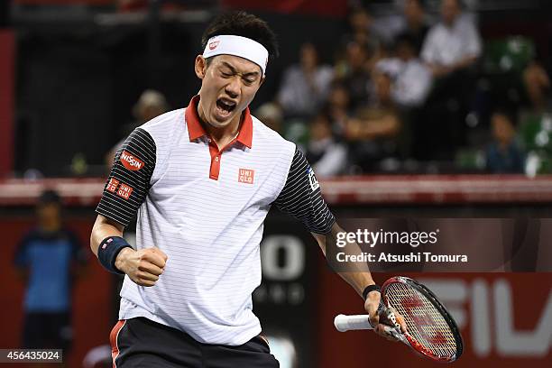 Kei Nishikori of Japan reacts during the men's singles second round match against Ivan Dodig of Croatia on day three of Rakuten Open 2014 at Ariake...