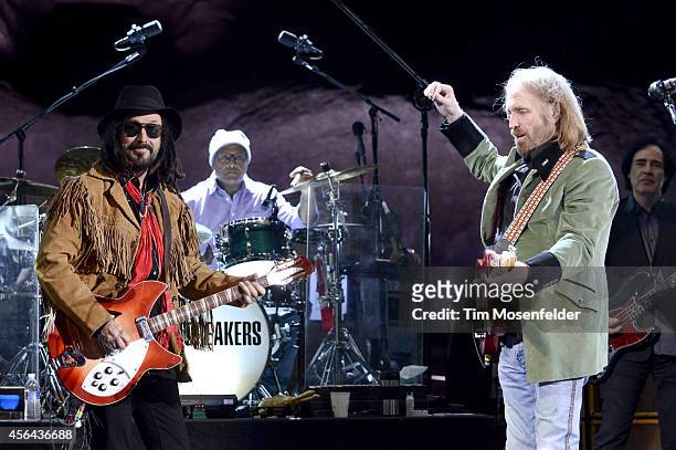 Mike Campbell, Steve Ferrone and Tom Petty of Tom Petty and the Heartbreakers perform in support of the band's "Hypnotic Eye" release at Red Rocks...