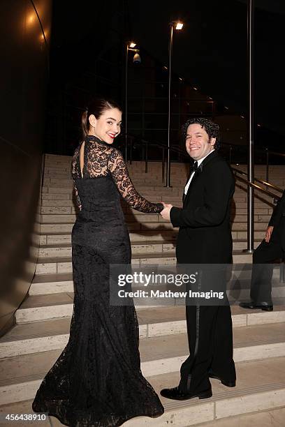 Dancer/journalist Eloisa Knife Maturen and conductor Gustavo Dudamel attend Los Angeles Philharmonic's Walt Disney Concert Hall Opening Night Gala on...