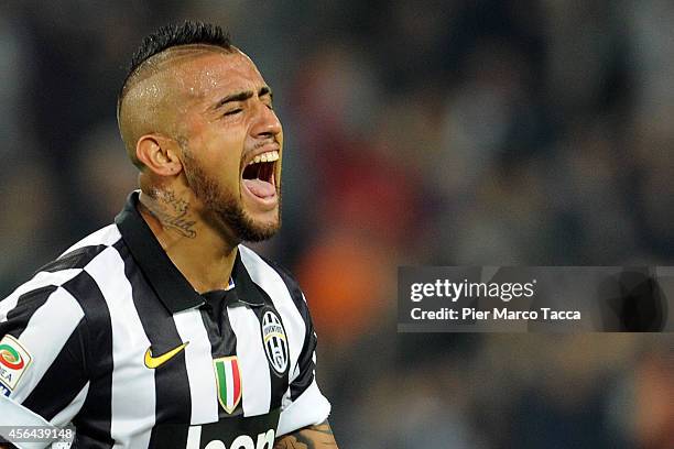 Arturo Vidal of Juventus FC celebrates the goal of 2-0 during the Serie A match between Juventus FC and AC Cesena at Juventus Arena on September 24,...