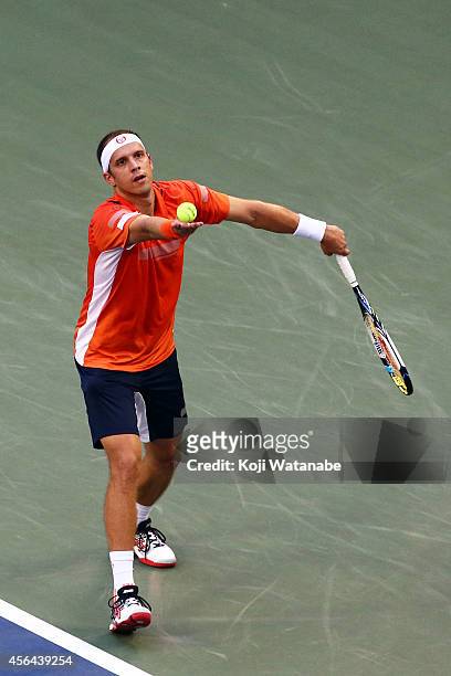 Gilles Muller of Germany in action during the men's singles second round match against Gilles Simon of Franceon day three of Rakuten Open 2014 at...