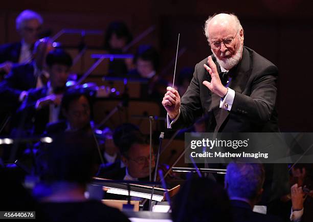 Composer John Williams conducts onstage at Los Angeles Philharmonic's Walt Disney Concert Hall Opening Night Gala on September 30, 2014 in Los...