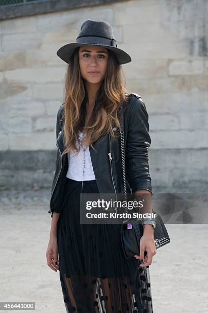 Fashion Blogger Soraya Bakhtiar is wearing a Preston and Olivia hat, Zara jacket and Sass and Bide skirt on day 7 of Paris Collections: Women on...