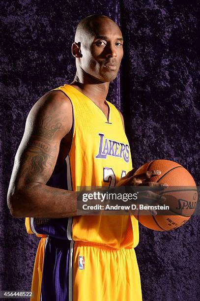 Kobe Bryant of the Los Angeles Lakers poses for a portrait during the Los Angeles Lakers Media Day at the Toyota Sports Center on September 29, 2014...