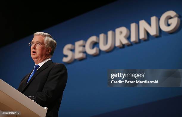 Secretary of State for defence Michael Fallon speaks at the Conservative party conference on October 1, 2014 in Birmingham, England. The Prime...