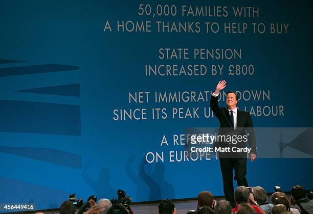 Prime Minister David Cameron arrives to give his keynote speech to the Conservative party conference on October 1, 2014 in Birmingham, England. The...