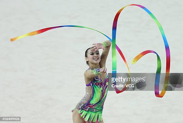 Son Yeon Jae of South Korea competes in rhythmic gymnastics during day twelve of the 2014 Asian Games at Namdong Gymnasium on October 1, 2014 in...