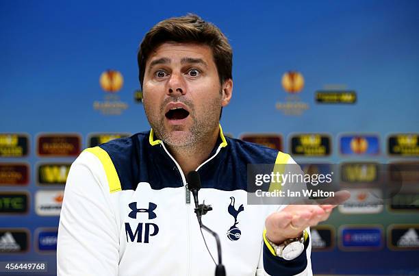 Manager of Tottenham Hotspur Mauricio Pochettino speaks to the press during a Tottenham Hotspur press conference on October 1, 2014 in London, United...