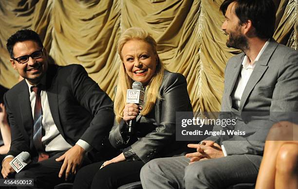 Actors Michael Pena, Jacki Weaver and David Tennant attend the Film Independent Screening and Q&A of 'Gracepoint' at Bing Theatre at LACMA on...