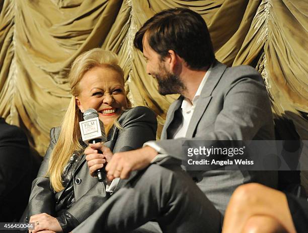 Actress Jacki Weaver and actor David Tennant attend the Film Independent Screening and Q&A of 'Gracepoint' at Bing Theatre at LACMA on September 30,...