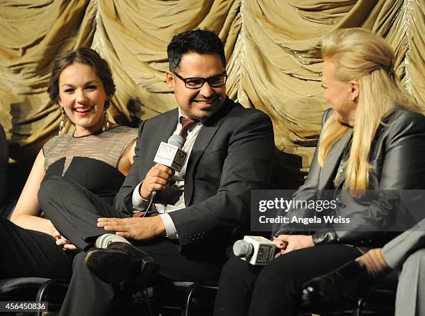 Actors Virginia Kull, Michael Pena and Jacki Weaver attend the Film Independent Screening and Q&A of 'Gracepoint' at Bing Theatre at LACMA on...