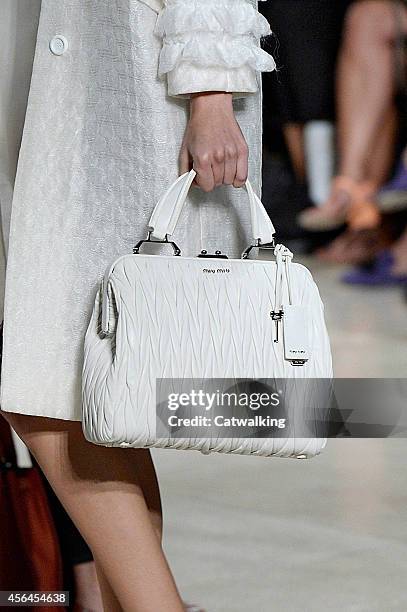 Accessories, a handbag detail on the runway at the Miu Miu Spring Summer 2015 fashion show during Paris Fashion Week on October 1, 2014 in Paris,...