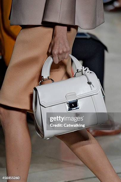 Accessories, a handbag detail on the runway at the Miu Miu Spring Summer 2015 fashion show during Paris Fashion Week on October 1, 2014 in Paris,...