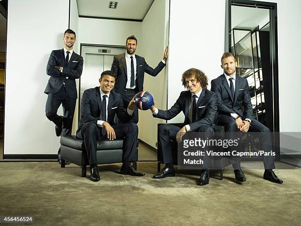 Footballers Javier Pastore, Thiago Silva, Salvatore Sirigu, David Luiz and Yohan Cabaye are photographed for Paris Match on August 28, 2014 in Paris,...