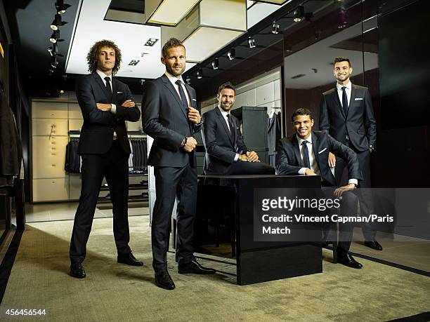 Footballers David Luiz, Yohan Cabaye, Salvatore Sirigu,Thiago Silva and Javier Pastore photographed for Paris Match on August 28, 2014 in Paris,...