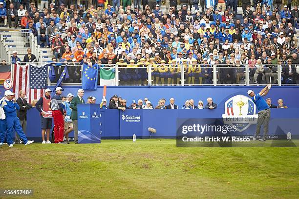 Team Europe Thomas Bjorn in action, drive during Sunday Singles Matches on PGA Centenary Course at The Gleneagles Hotel. Auchterarder, Scotland...