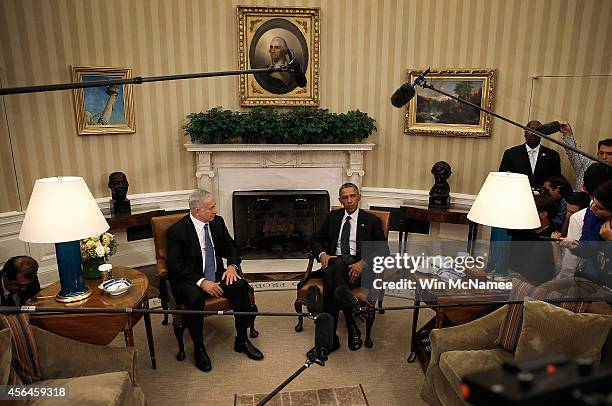 President Barack Obama meets with Israeli Prime Minister Benjamin Netanyahu in the Oval Office of the White House October 1, 2014 in Washington, DC....