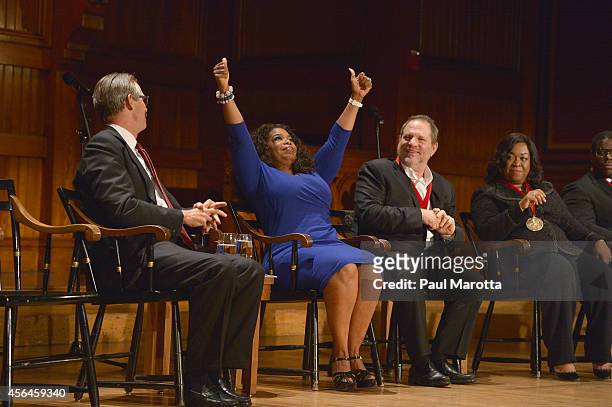 Glenn Hutchins, Oprah Winfrey, Harvey Weinstein and Shonda Rhimes attend the W.E.B. Du Bois Medal Ceremony at Harvard University's Sanders Theatre on...