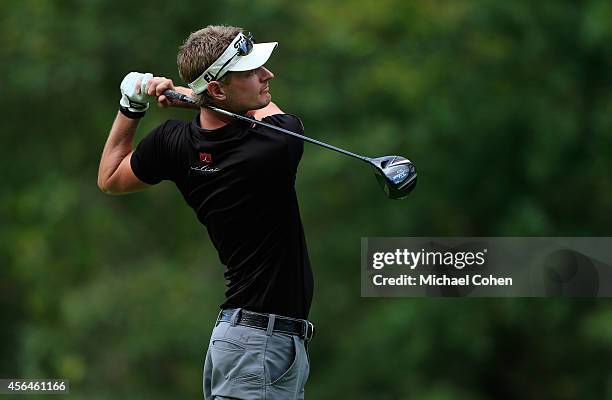 Brett Stegmaier hits his drive on the ninth hole during the second round of the Chiquita Classic held at River Run Country Club on September 5, 2014...