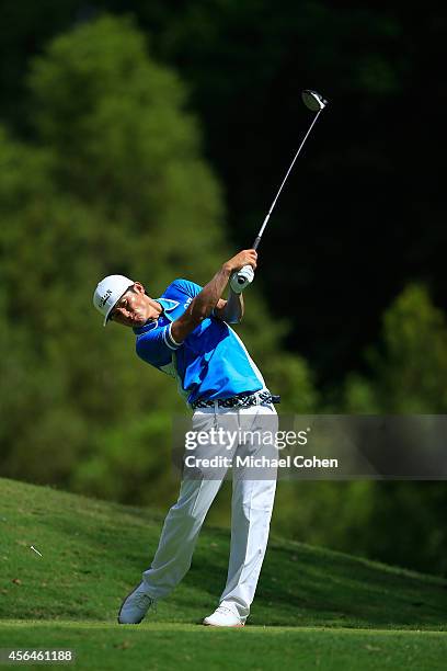 Ryuji Imada of Japan hits a drive during the second round of the Chiquita Classic held at River Run Country Club on September 5, 2014 in Davidson,...