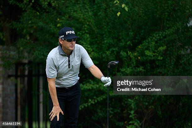 Heath Slocum watches his drive during the second round of the Chiquita Classic held at River Run Country Club on September 5, 2014 in Davidson, North...