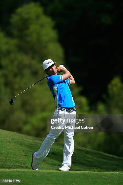 Ryuji Imada of Japan hits a drive during the second round of the Chiquita Classic held at River Run Country Club on September 5, 2014 in Davidson,...