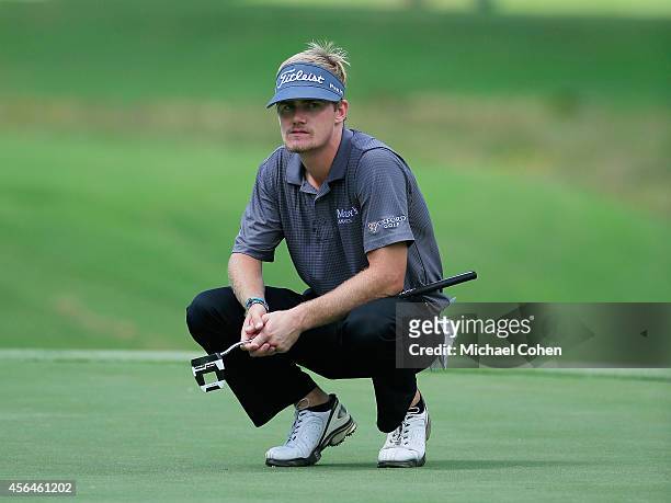 John Peterson lines up a putt during the second round of the Chiquita Classic held at River Run Country Club on September 5, 2014 in Davidson, North...