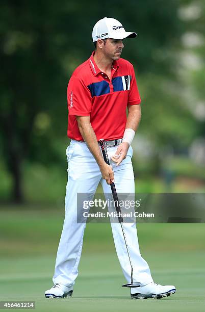 Oscar Fraustro of Mexico on the ninth hole during the second round of the Chiquita Classic held at River Run Country Club on September 5, 2014 in...