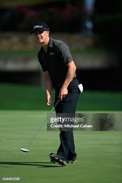 Blayne Barber reacts to a putt during the second round of the Chiquita Classic held at River Run Country Club on September 5, 2014 in Davidson, North...