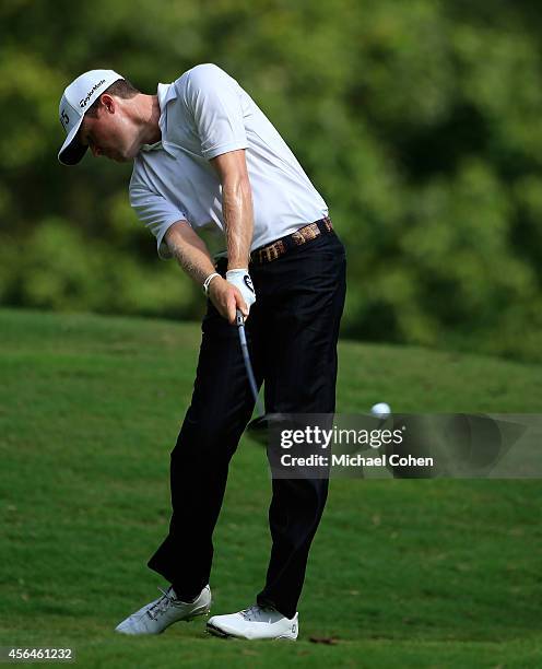 Kyle Reifers hits his drive on the ninth hole during the second round of the Chiquita Classic held at River Run Country Club on September 5, 2014 in...