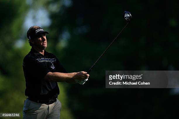 Darron Stiles hits a drive during the second round of the Chiquita Classic held at River Run Country Club on September 5, 2014 in Davidson, North...